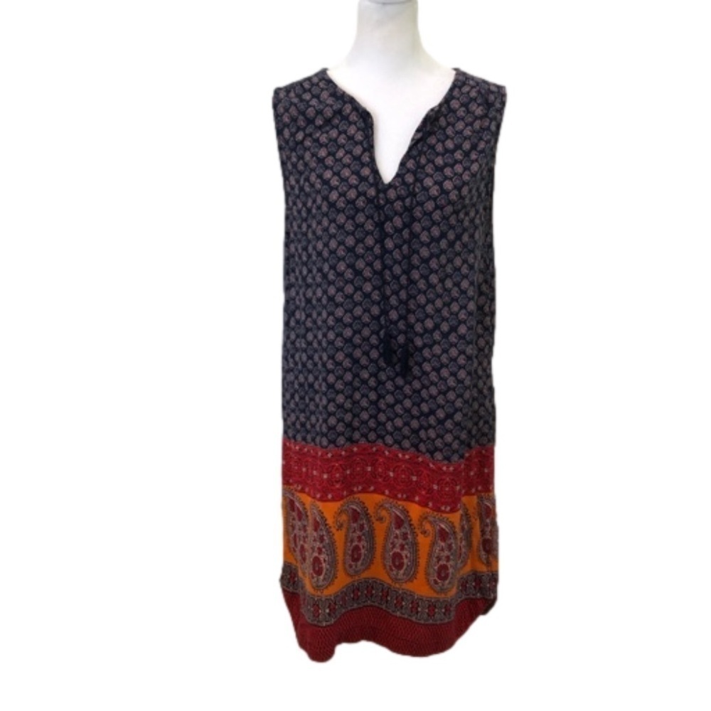 Beachlunchlounge Size M dress paisley boho hi-lo blue red orange tassel ties